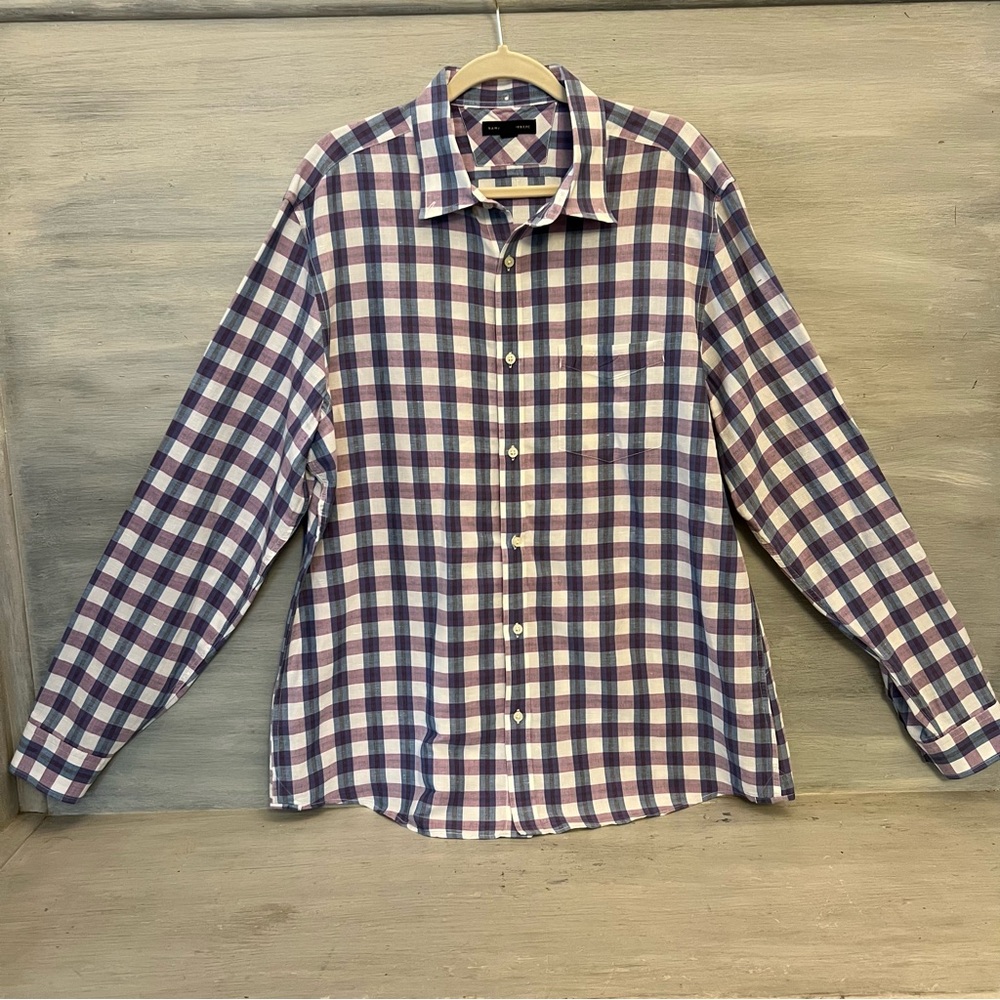 Banana Republic Cotton Linen Purple Plaid Button Down Shirt XL Like New‎